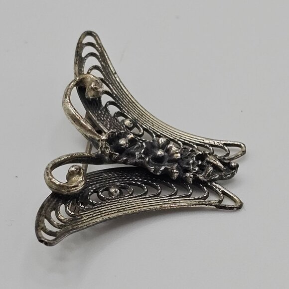 VTG Beau Brooch 925 Sterling Silver Floral Butterfly Moth Filigree Fairycore Pin - Picture 5 of 10